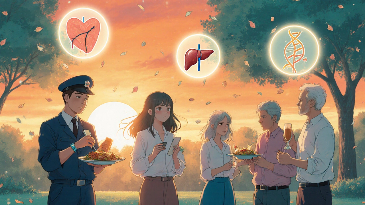 Diverse group eating in park at sunset with symbolic health icons glowing around them.