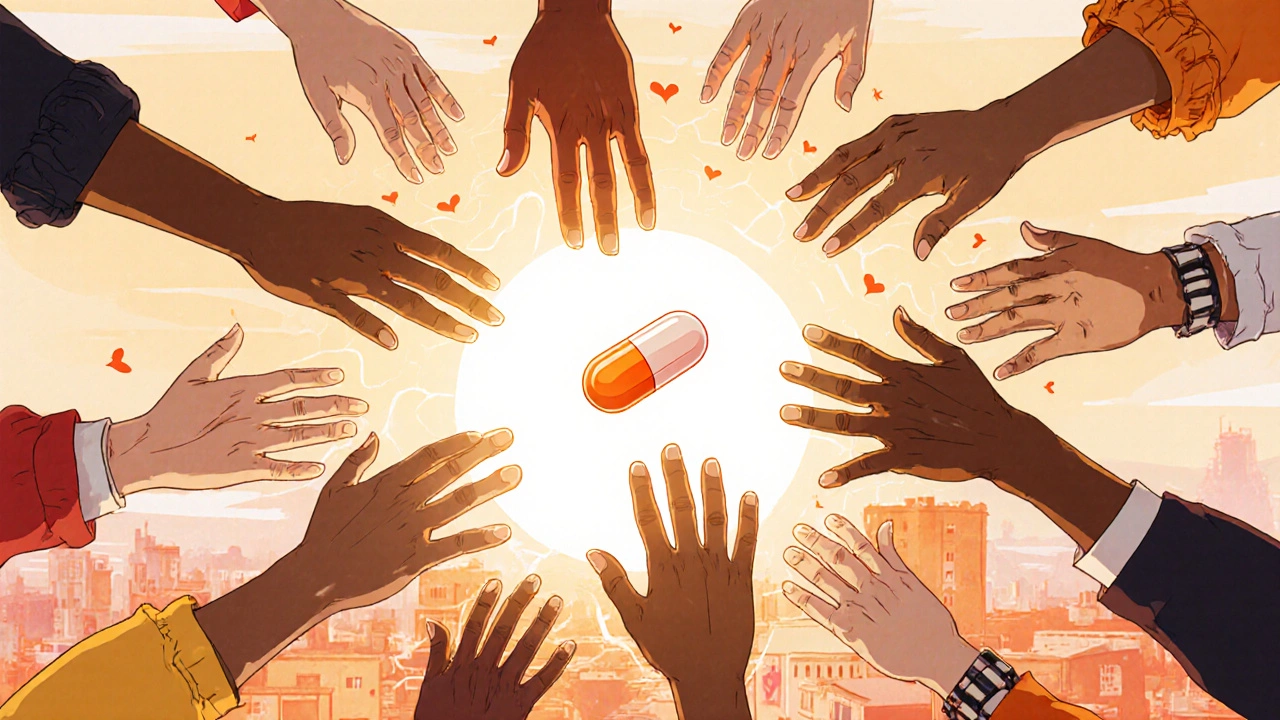 Diverse hands pass a single abacavir tablet across continents, forming a chain of connected hearts under sunrise.