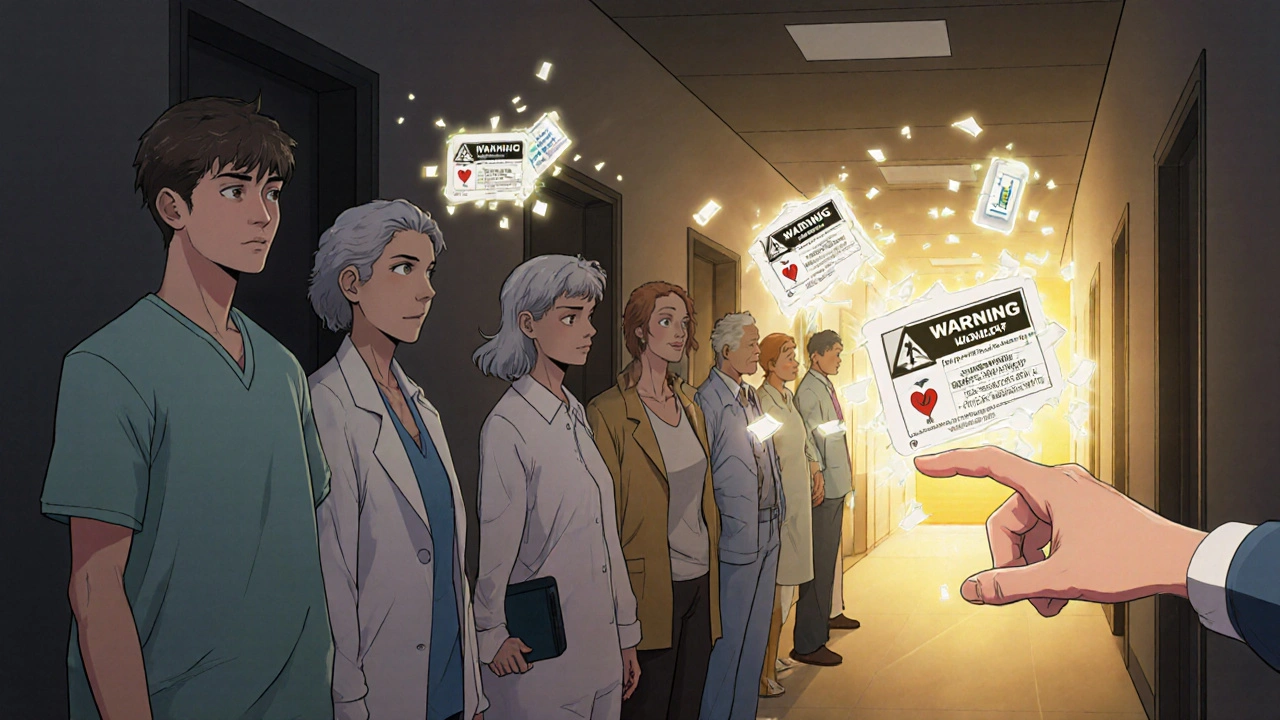 Diverse patients reaching toward floating drug labels that transform into safety symbols.