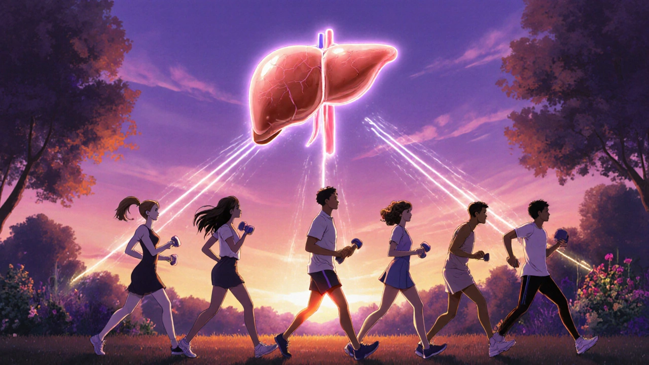 Diverse people walking and exercising in a park, with energy trails linking them to a healthy liver in the sky.