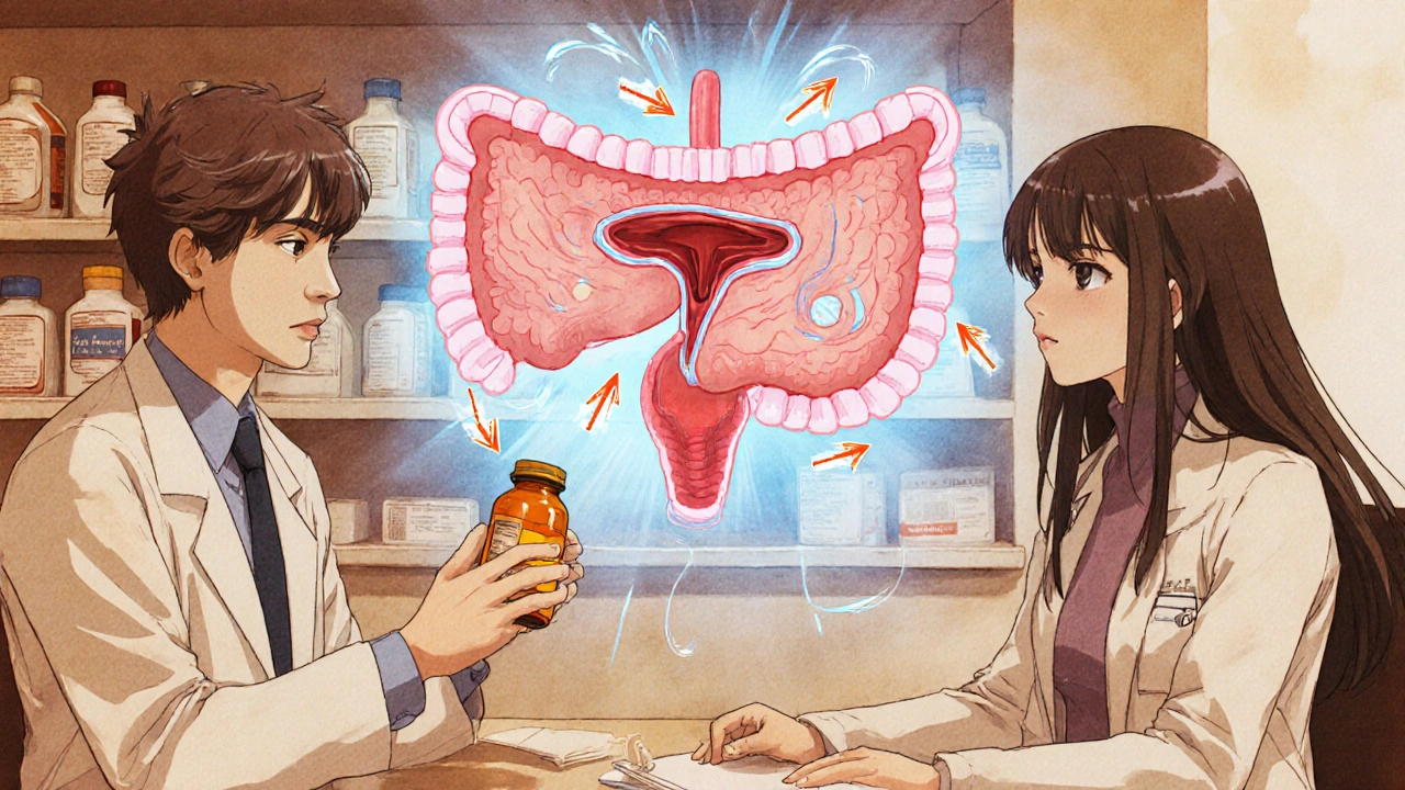 Doctor and patient discussing medication impacts on bladder using a floating anatomical model