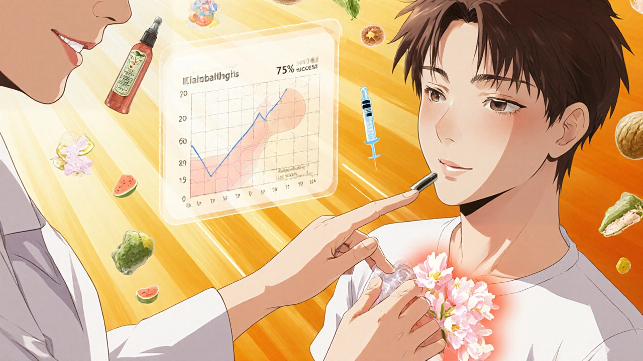 Doctor applying topical cream while internal muscle relaxes like blooming petals, with healing stats and food symbols floating nearby.