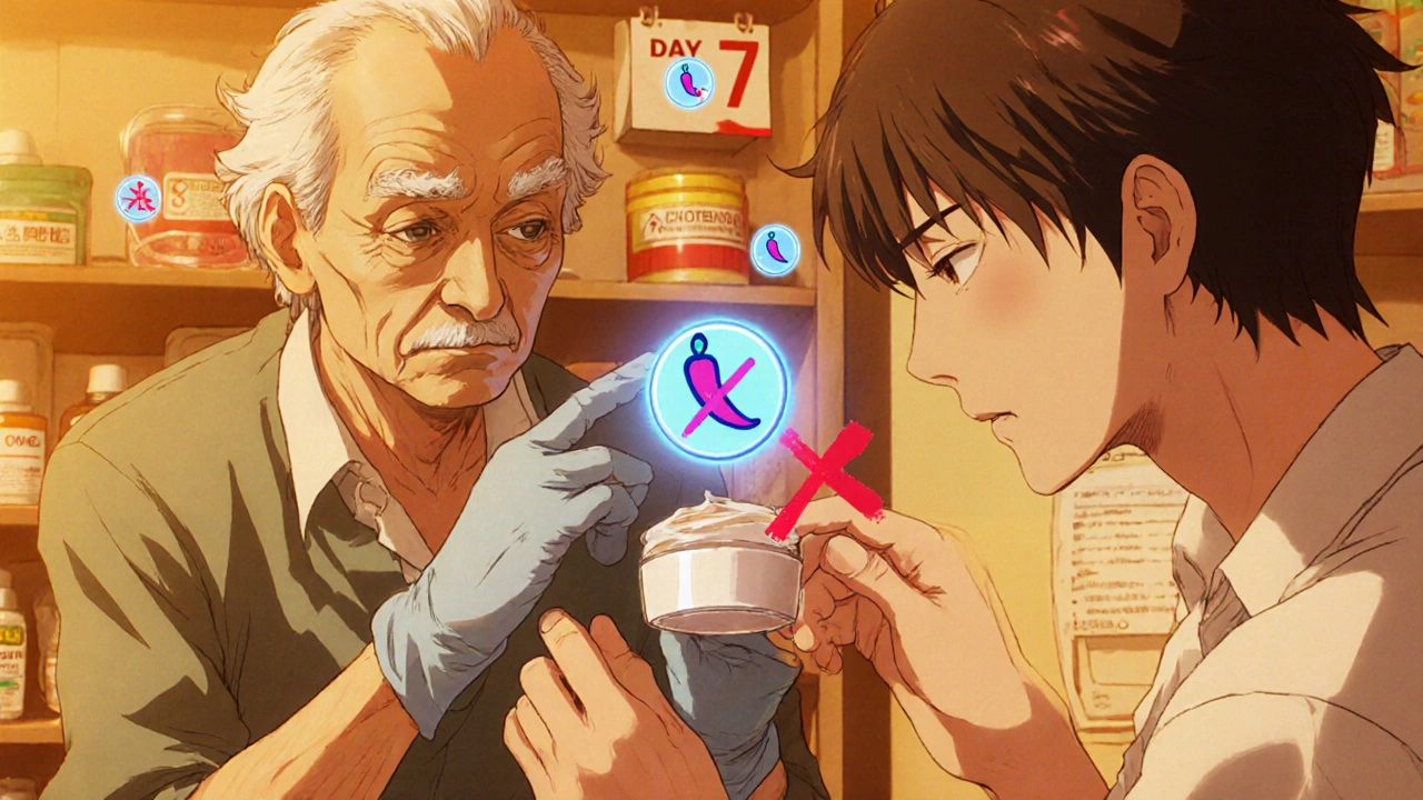 Elderly man using gloves to apply capsaicin cream while a young person reaches for it unsafely.