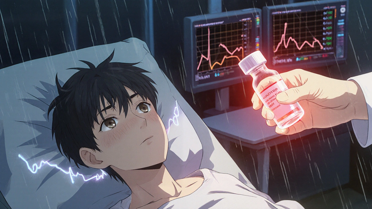 Exhausted patient in hospital with glowing ACTH test vial and fading cortisol waves