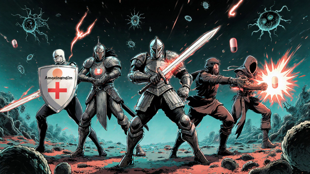 Five antibiotics depicted as stylized warriors fighting bacterial monsters in a surreal battlefield.