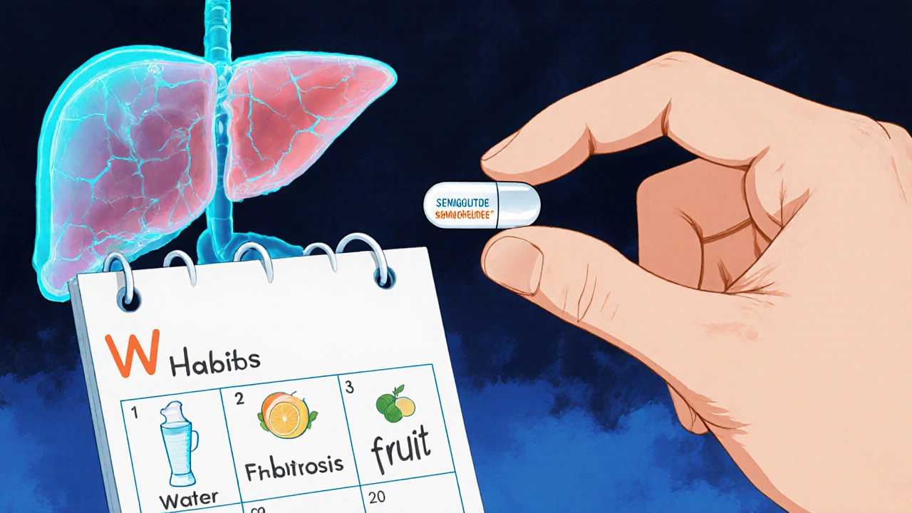 Hand holding semaglutide pill beside daily habit markers, with a healing liver in the background.