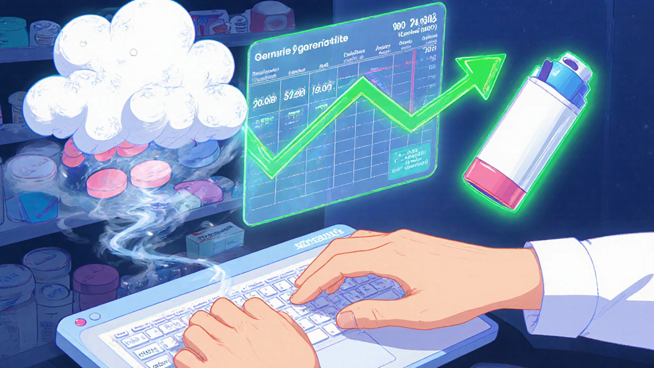 Hands entering data into pharmacy software with floating analytics panels showing drug turnover and reorder points.
