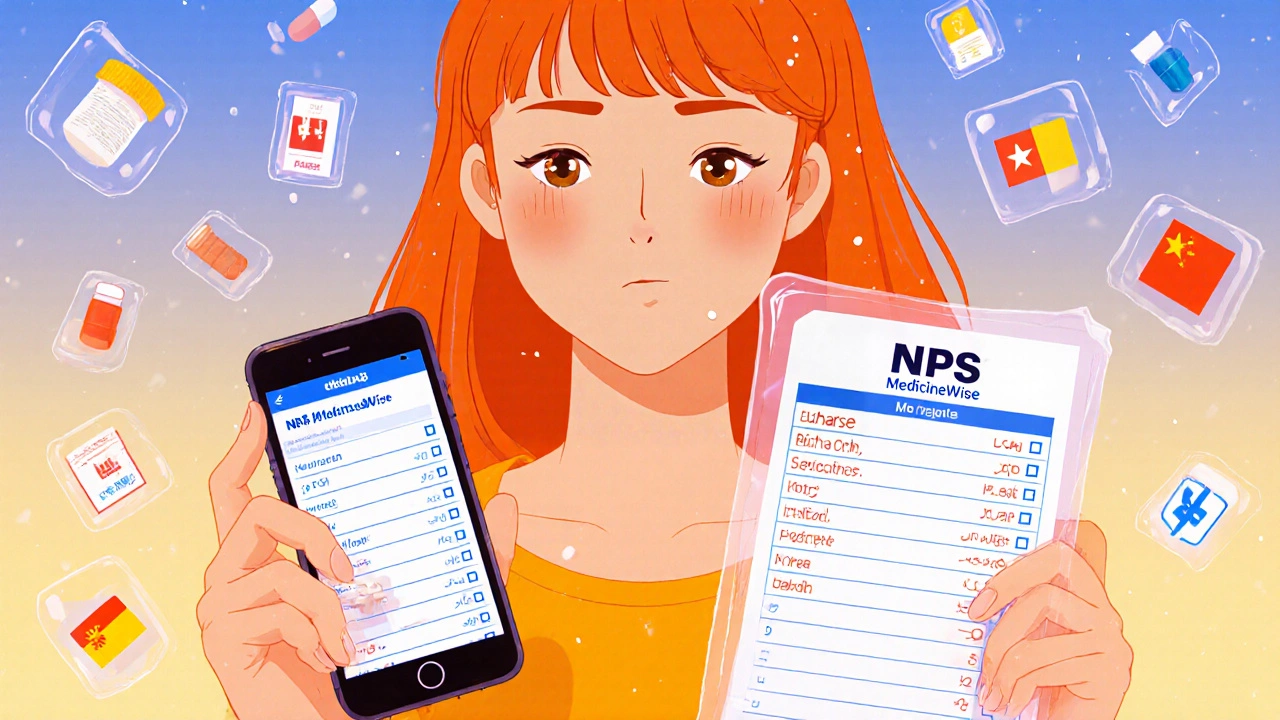 Hands holding a digital medication app and printed list with floating translations in multiple languages.