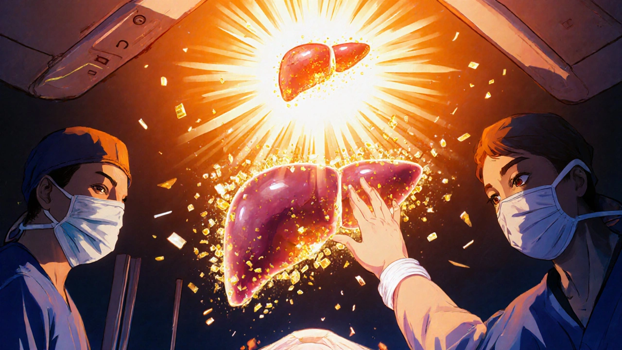 Liver transplant with bile acids dissolving into light, patient reaching toward radiant sunburst.