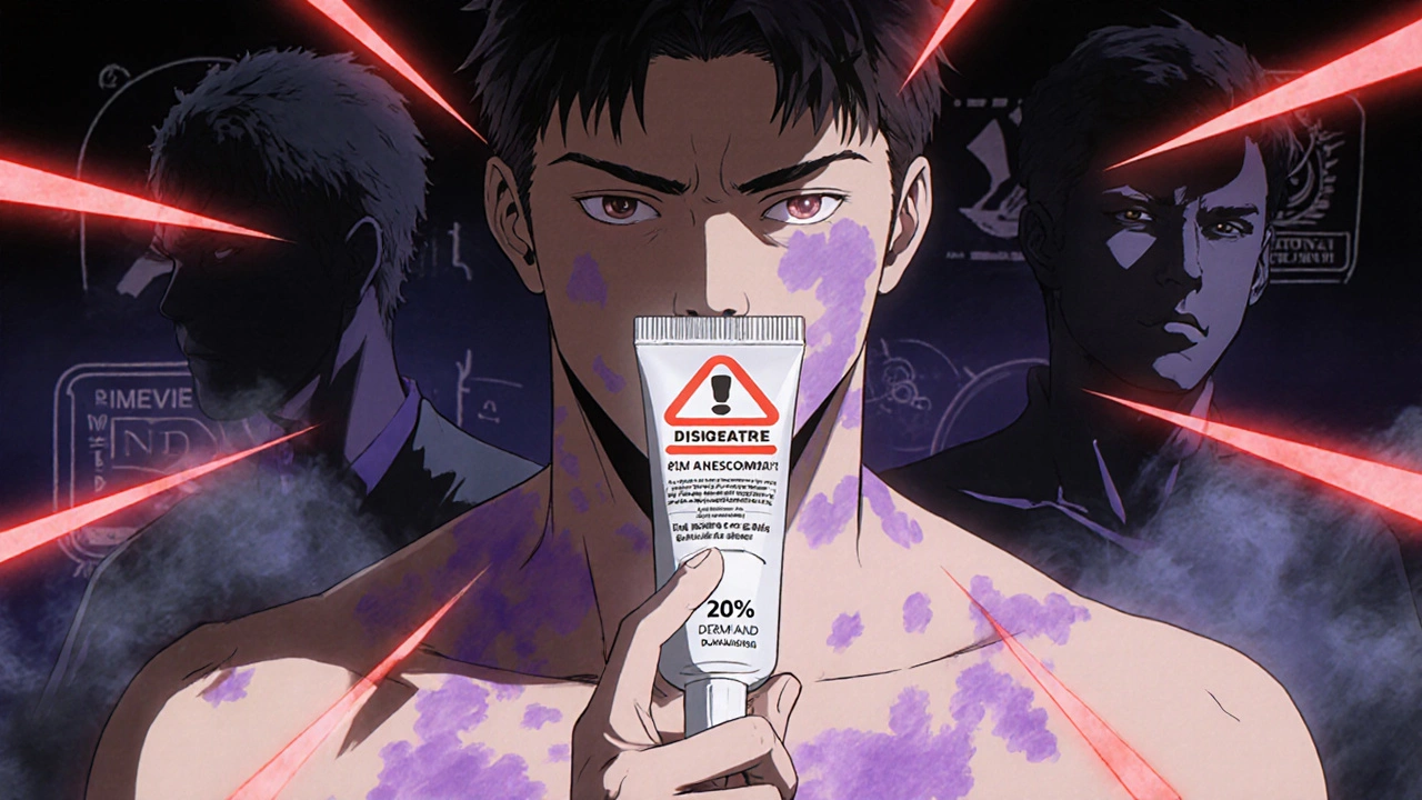 Man holding illegal high-dose lidocaine cream with glowing red danger lines and shadowy banned brands.