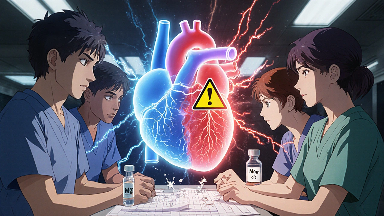 Medical team reviewing heart rhythm overlay with chaotic electrical sparks and breaking electrolyte vials.
