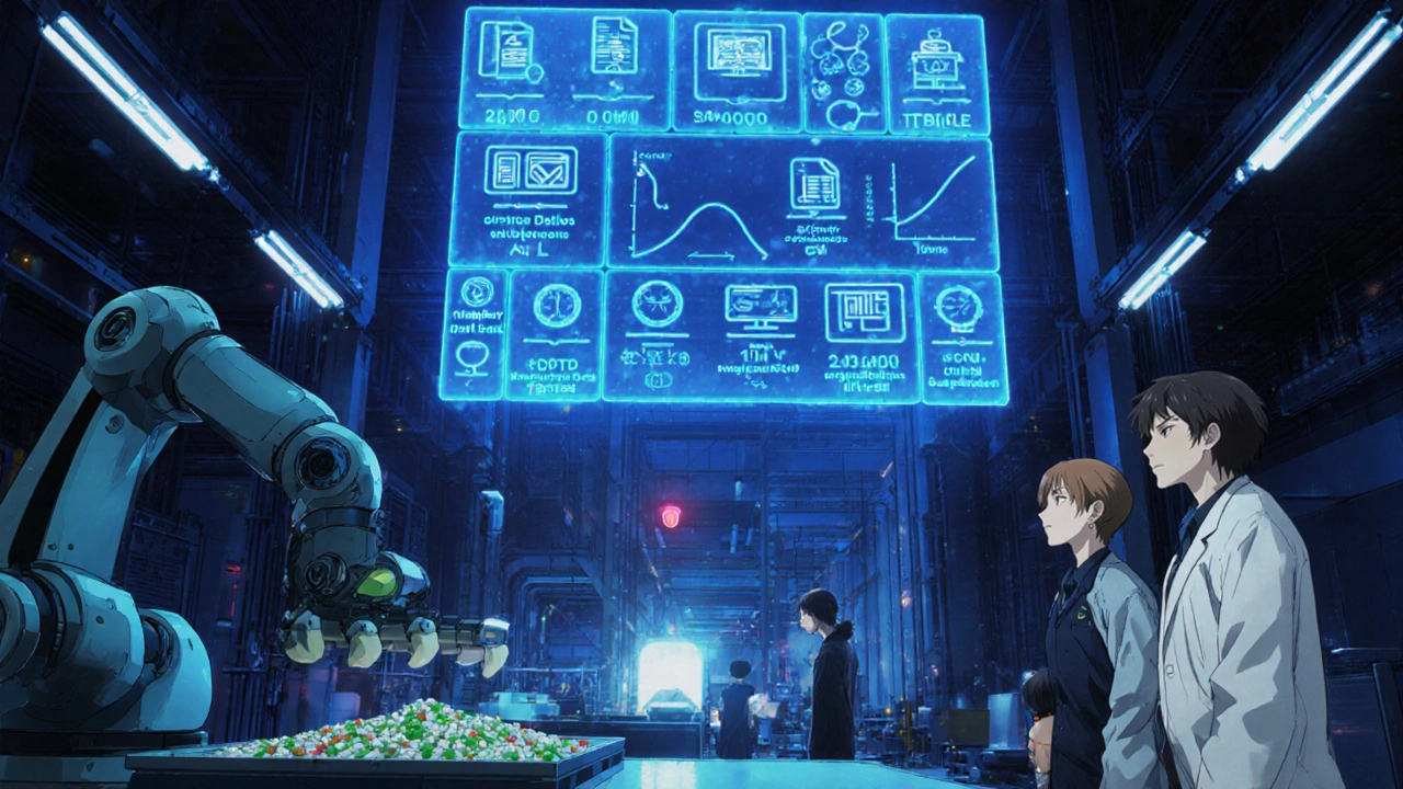 Neon-lit pharmacy facility with robotic arms assembling tablets under holographic CMC and stability data displays.