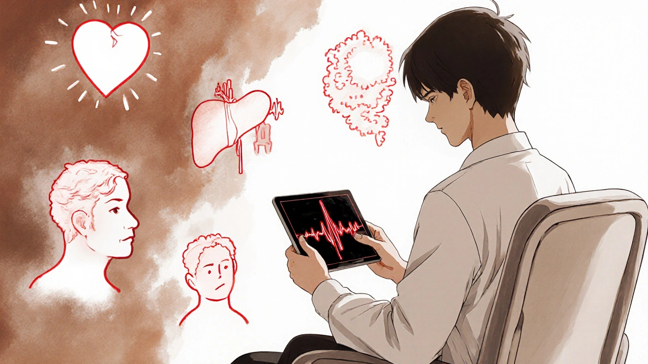 Patient and doctor facing a pulsing digital black box warning with ghostly health risks in the background.