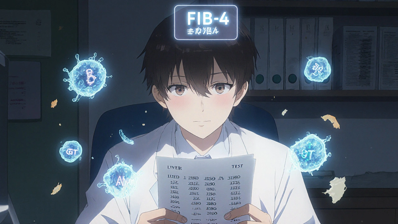 Patient holding blood test report as ghostly liver cells float around them with FIB-4 hologram above.