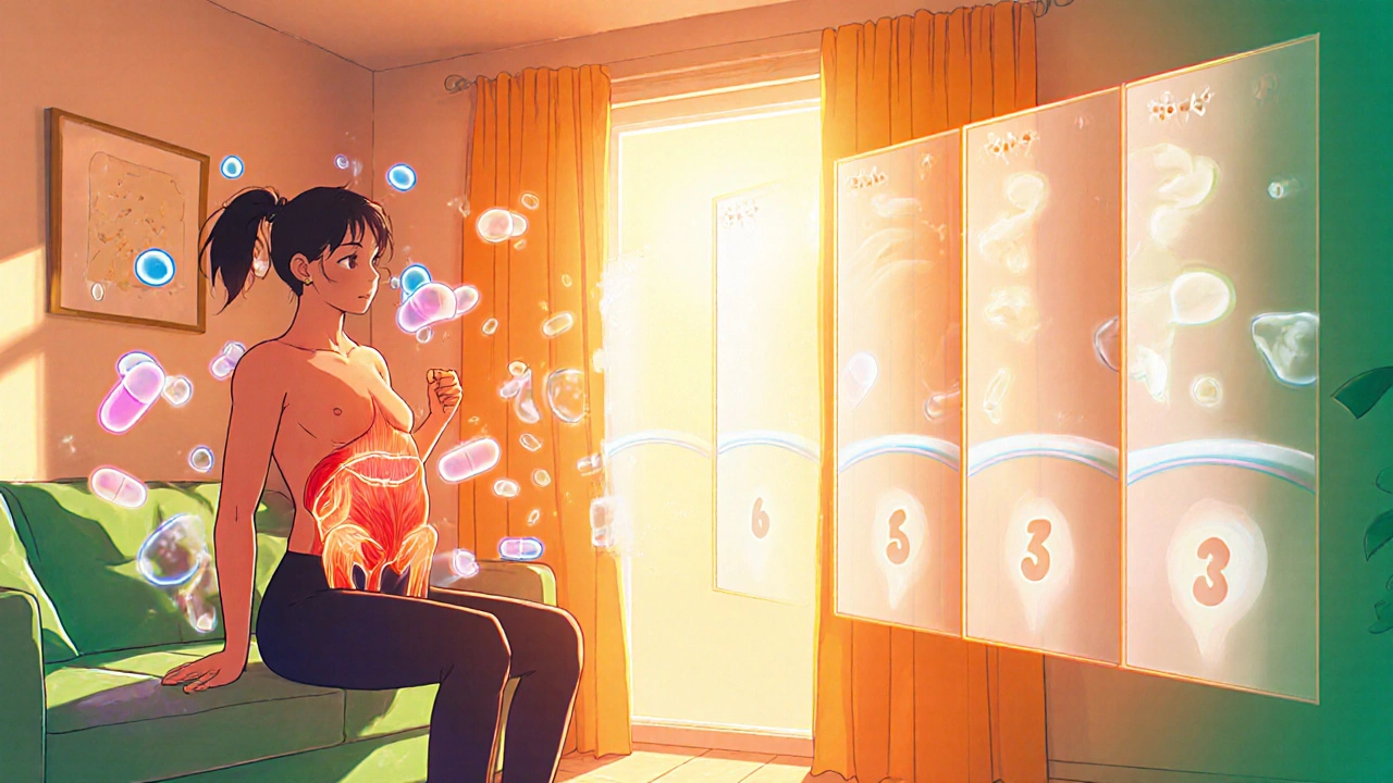 Person doing Kegel exercises as glowing muscles strengthen around the bladder, pills fading away