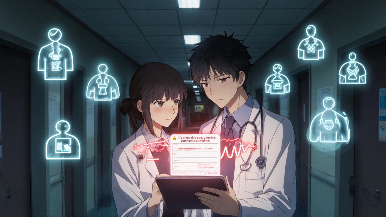 Physician and pharmacist reviewing AI drug alert with floating patient icons in hospital hallway.