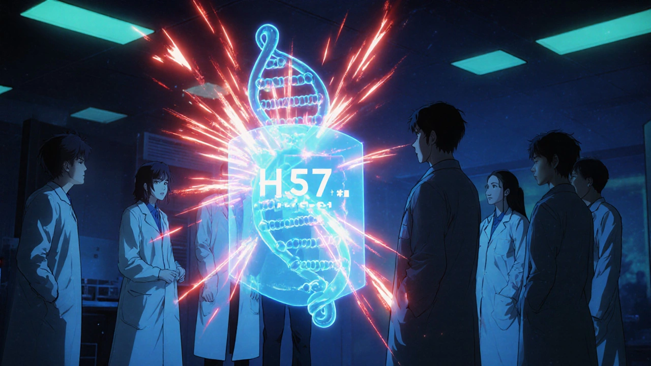 Scientists observe a glowing HLA-B*57:01 gene sequence as a protective shield blocks dangerous reactions.