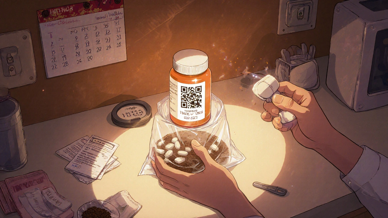 Someone mixing expired pills with coffee grounds in a sealed bag under warm kitchen light.