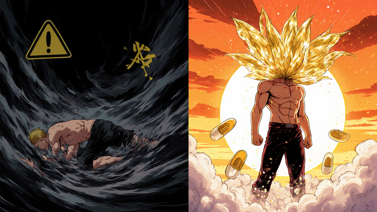 Split panel: collapsing patient vs. recovering person with golden cortisol blooms