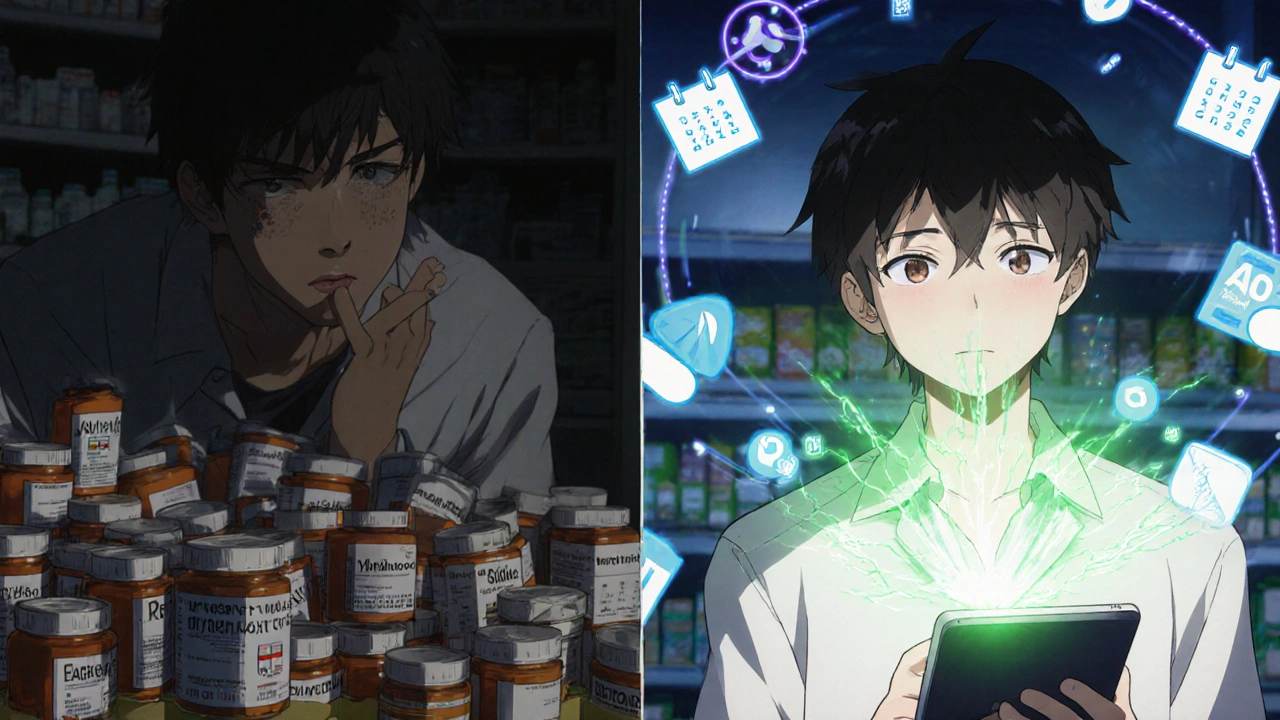 Split scene: expired brand-name drugs on left, pharmacist adjusting digital stock settings with green energy flow on right.