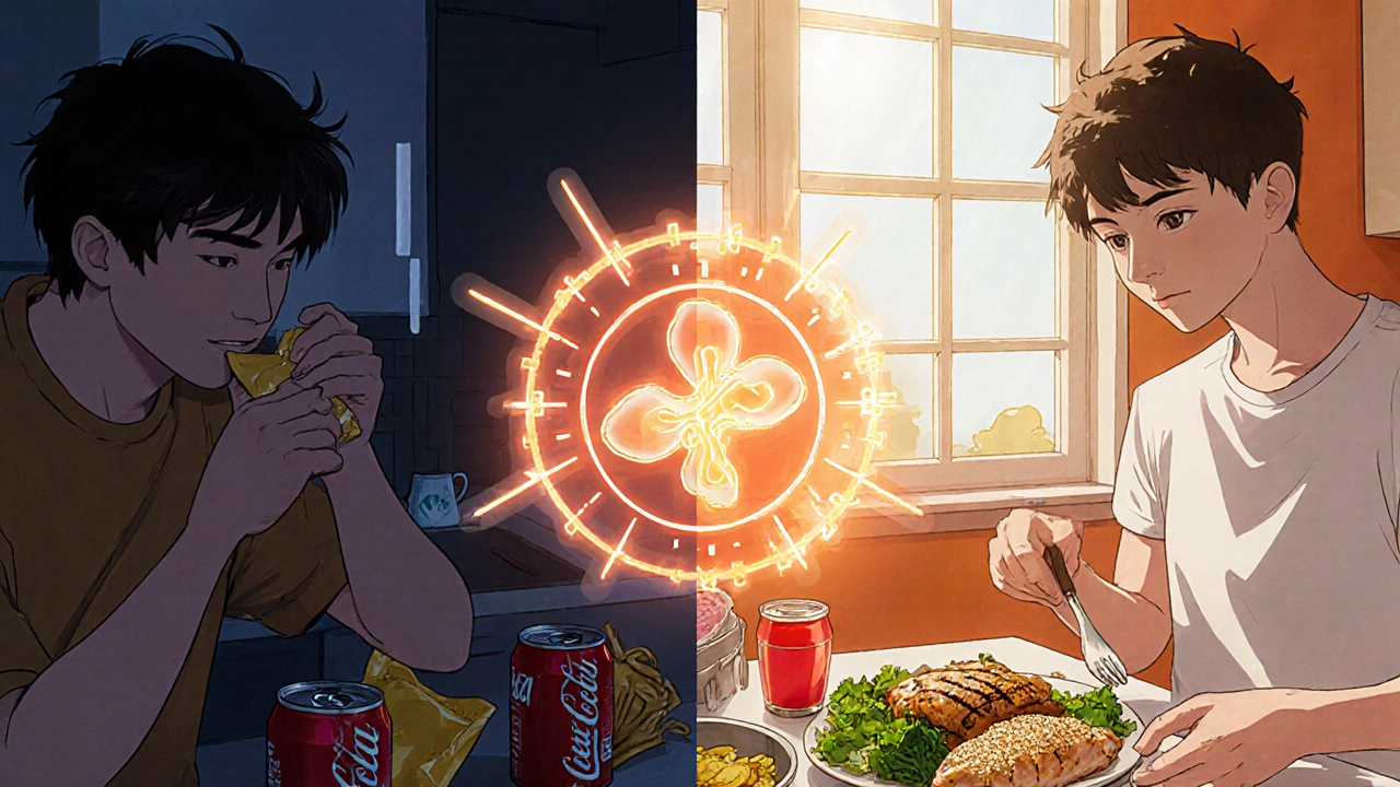 Split scene: late-night snacking vs. healthy midday meal with metabolic diagram between.