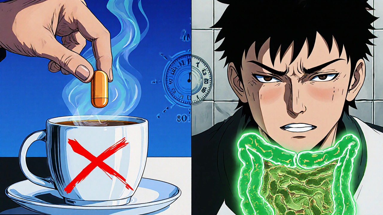 Split scene: probiotic ruined by hot coffee on one side, thriving in cold water on the other, with a clock showing timing.