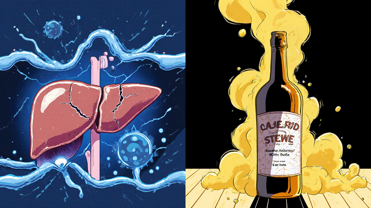 Split-screen of healthy vs damaged liver with enzyme leakage and alcohol bottle casting a shadow.