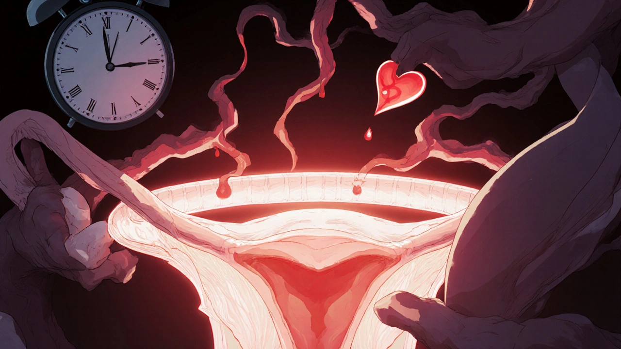 Symbolic anime illustration of a tear in anal tissue surrounded by constricting muscle and fading light, representing the pain-spasm-ischemia cycle.