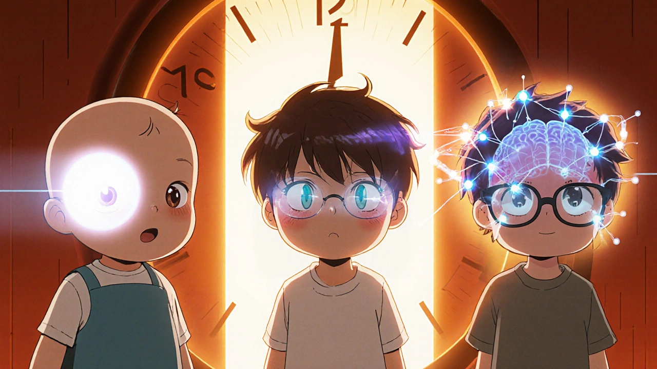 Three children with visual pathways showing treatment for lazy eye, glasses, and brain reconnection.