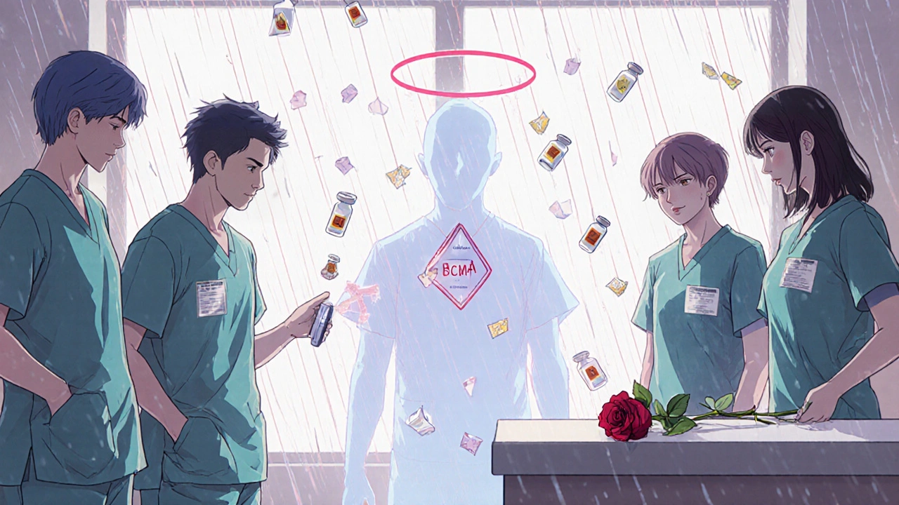 Trainees in simulation with phantom patient and floating error fragments during medication safety drill.