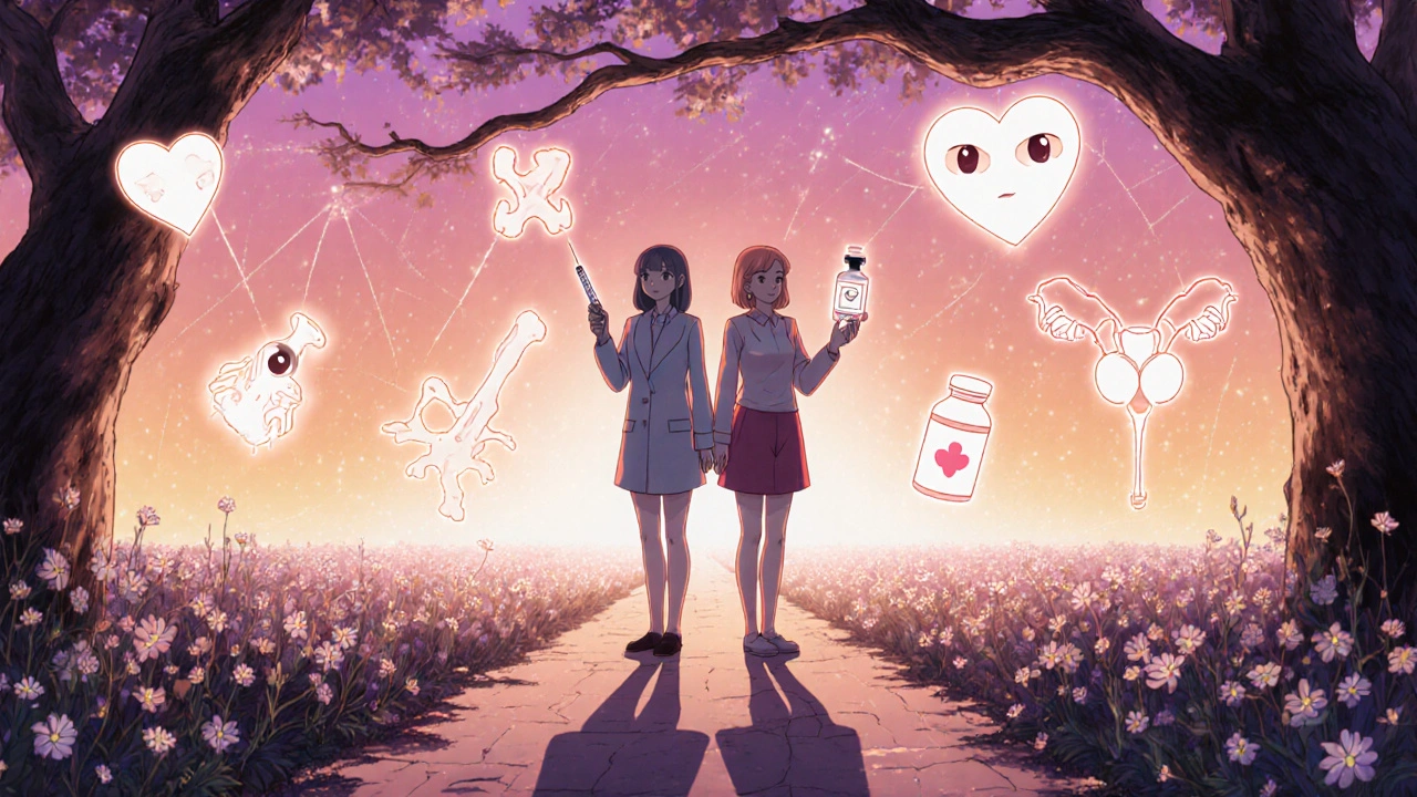 Two women under a tree, their paths merging, with symbolic icons of bones, heart, and ovaries floating around them.