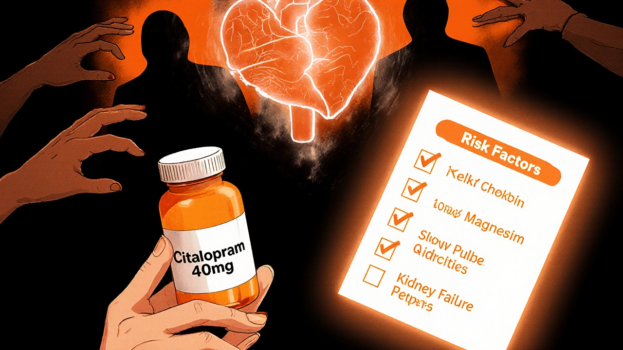 Woman holding prescription as heart shows prolonged QT interval, with risk factors looming and preventive steps glowing.