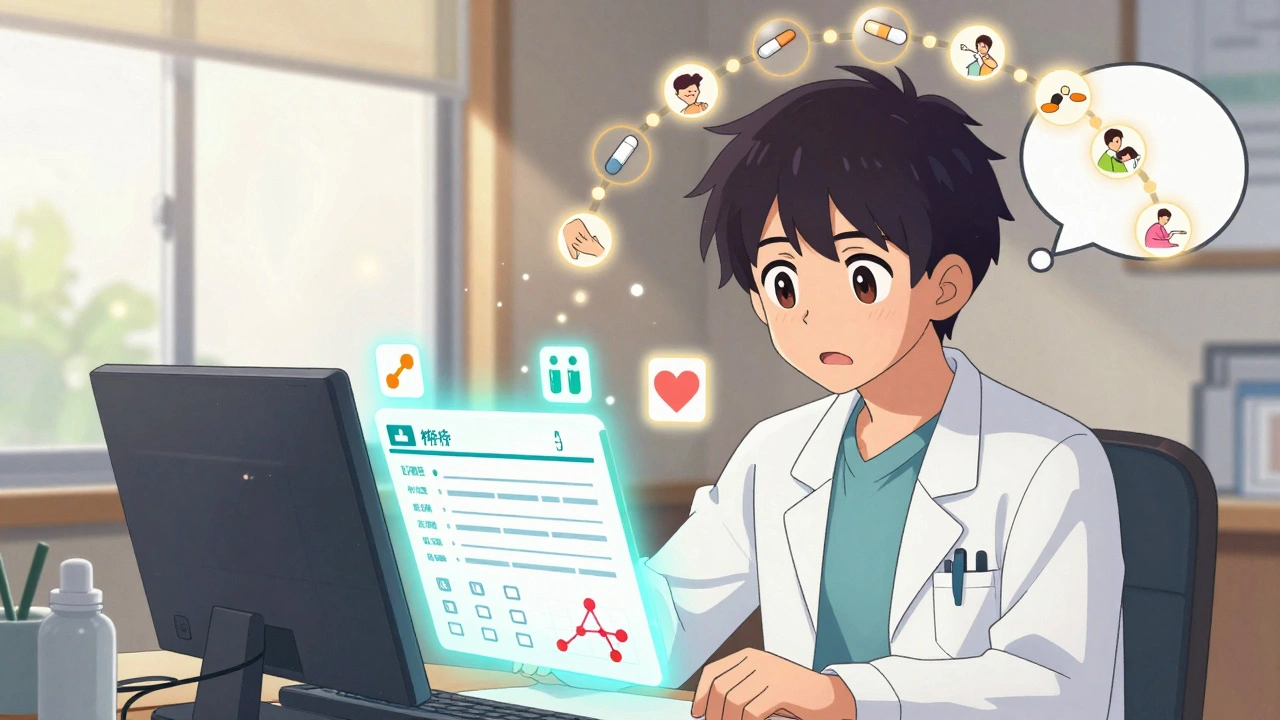 A doctor&#039;s screen shows a default generic prescription with positive social and streak icons floating nearby.