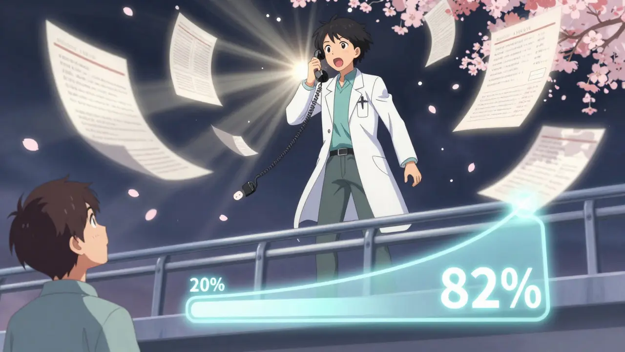 A doctor speaking on the phone as medical records swirl around them, symbolizing a successful peer-to-peer review.