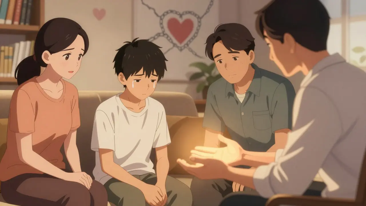 A family in therapy: teen, parents, and therapist sit together, light highlighting connected hands and a tear as understanding dawns.