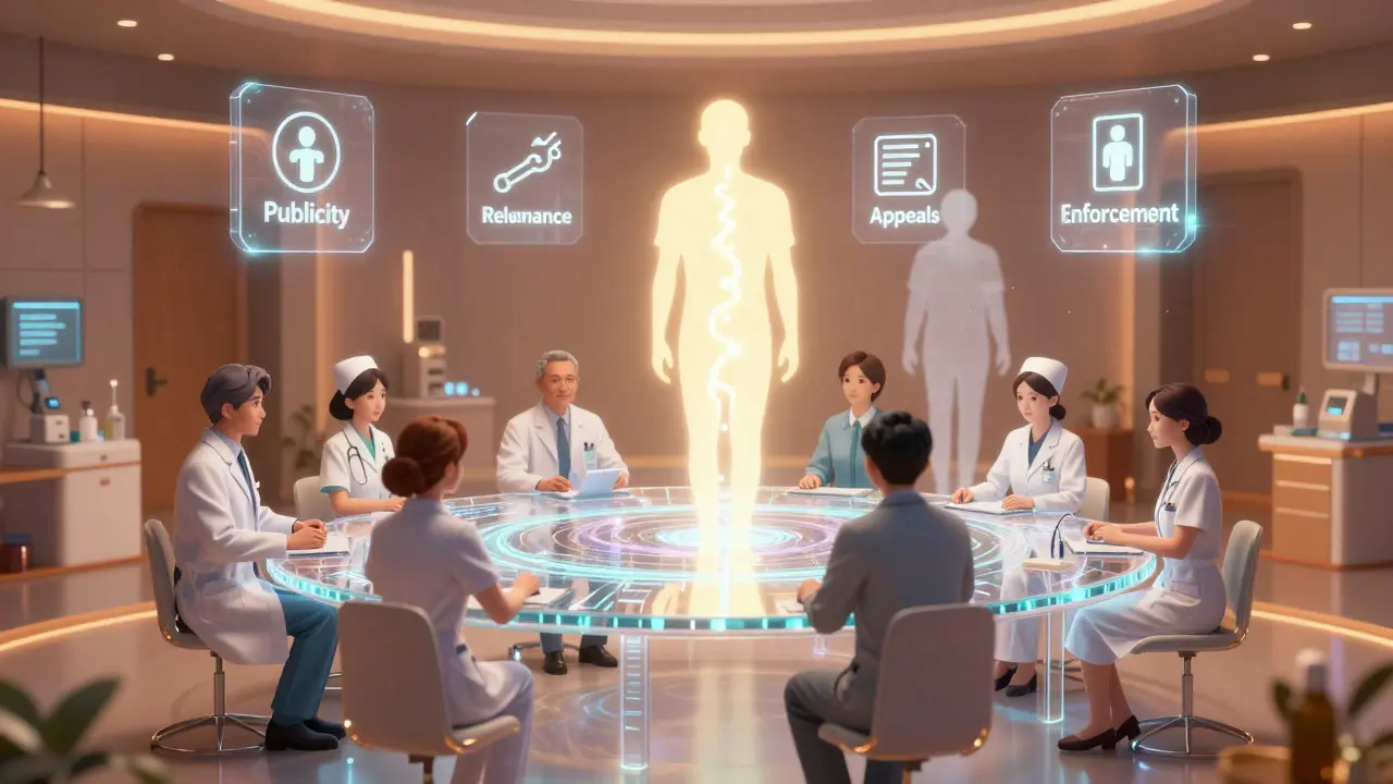 A floating committee of healthcare workers surrounded by ethical criteria icons, with patient silhouettes representing life and loss.