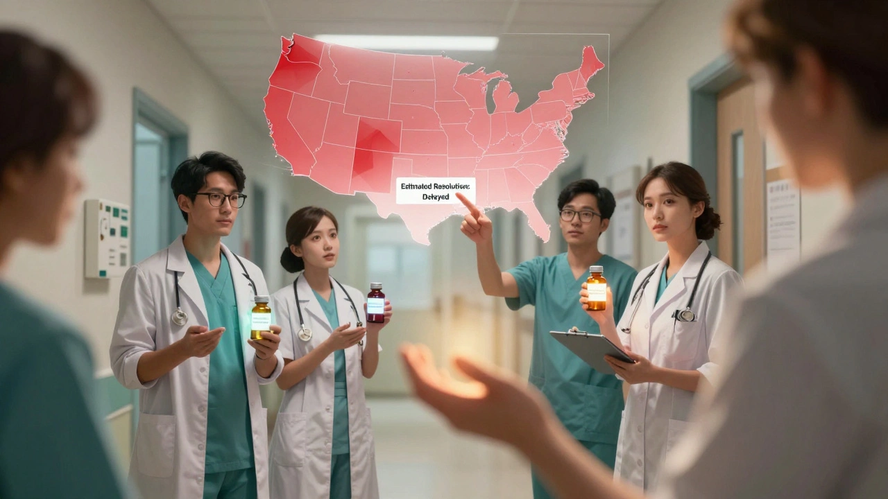 A medical team stands with glowing medication bottles as a U.S. map shows regional drug shortages.