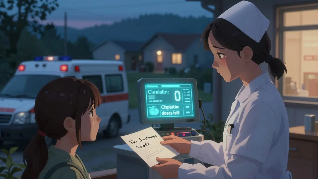 A nurse gives a letter to a grieving mother in a rural clinic, an empty drug inventory dashboard glowing in the background.