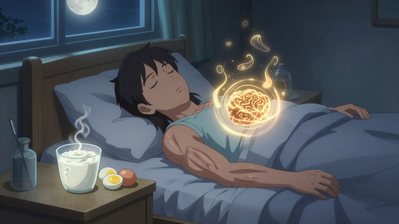 A patient sleeping peacefully with a protein-rich bedtime snack on the nightstand.