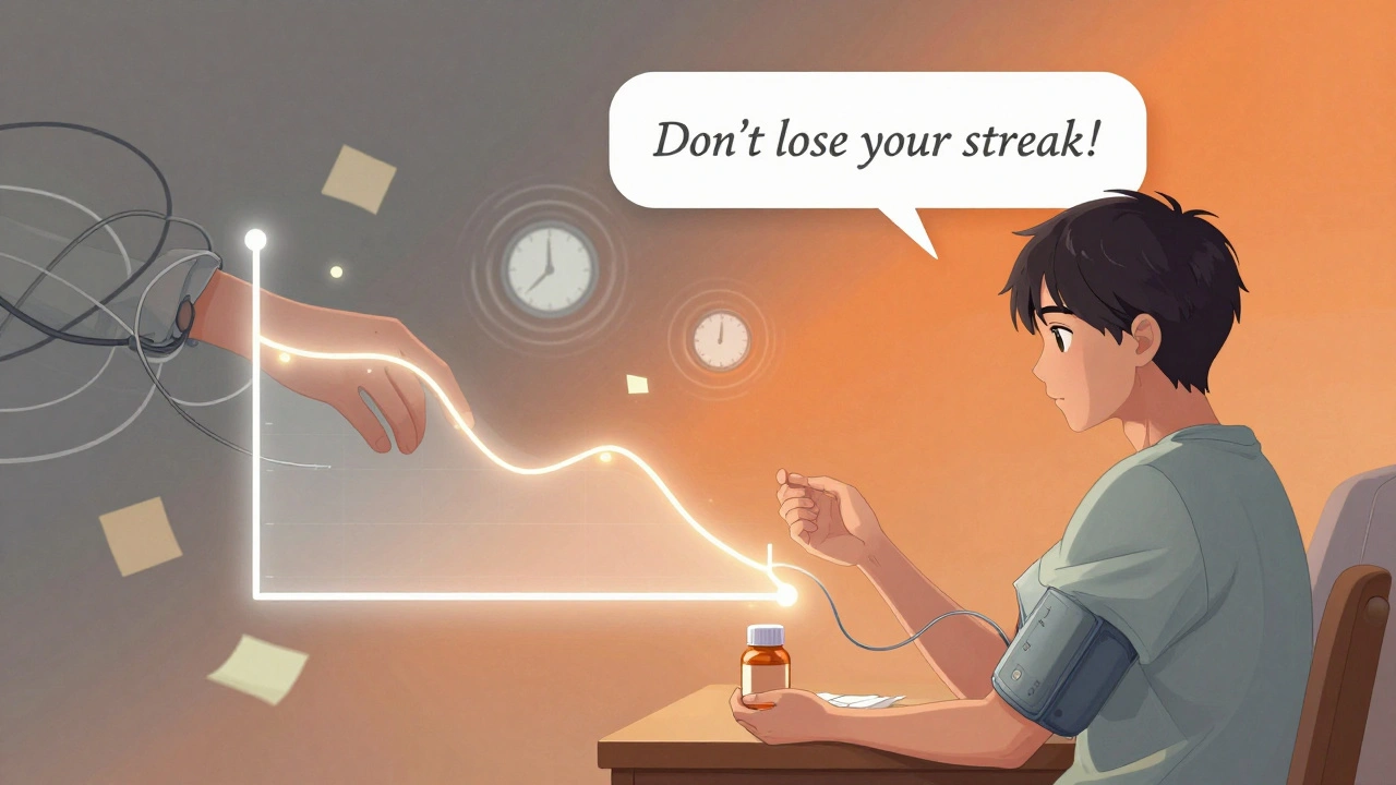 A patient watches a glowing blood pressure graph improve, as mental clutter fades into calm orange light.