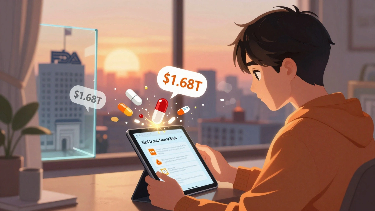 A person searches the Orange Book on a tablet as brand pills shatter into generics, with savings and patent barriers collapsing in the background.