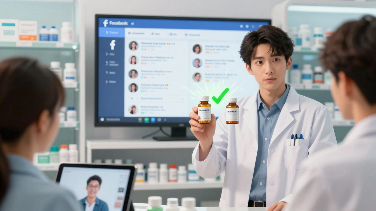 A pharmacist in a pharmacy showing two identical pill bottles with a glowing checkmark, patients watching videos on tablets in the background.