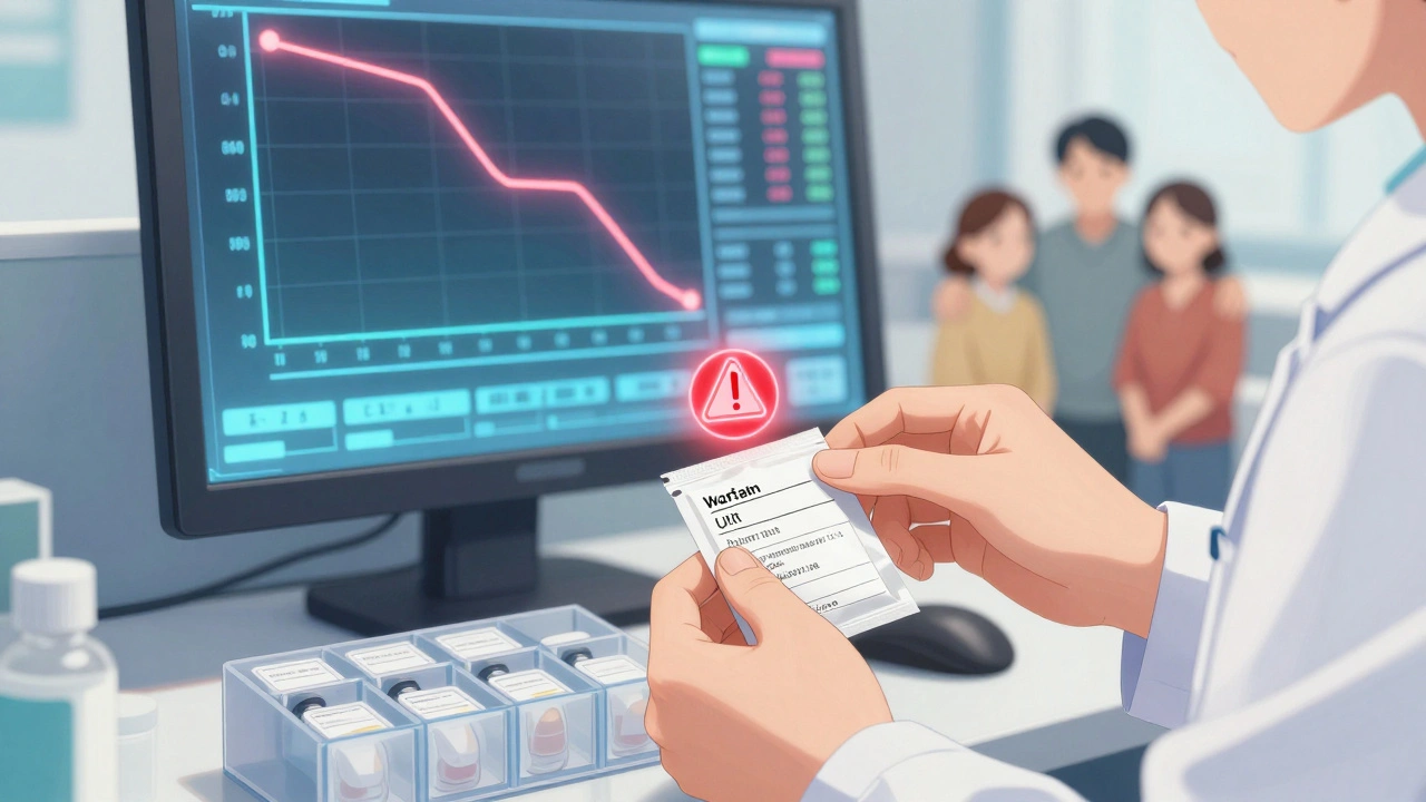 A pharmacist places a labeled medication pack beside a warning icon over warfarin, with a digital error-reduction graph in the background.
