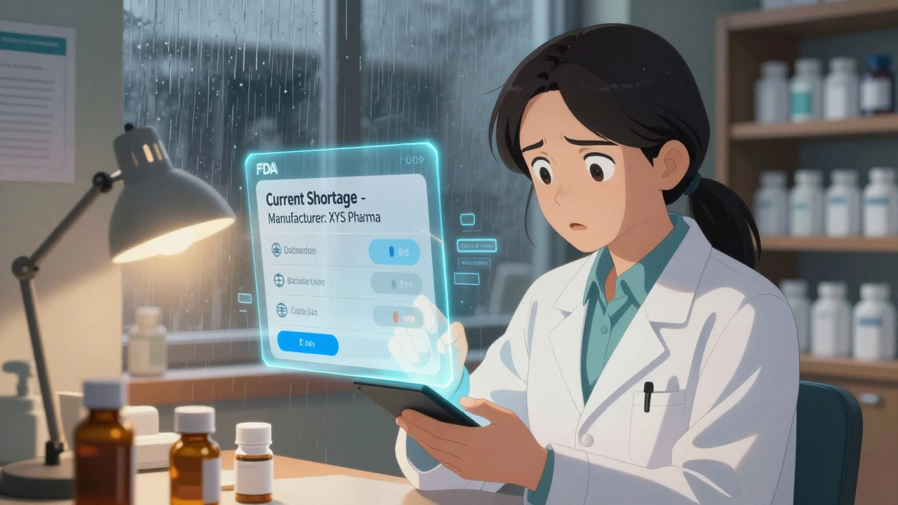 A pharmacist scans a pill bottle, seeing a real-time drug shortage notification on a mobile app.