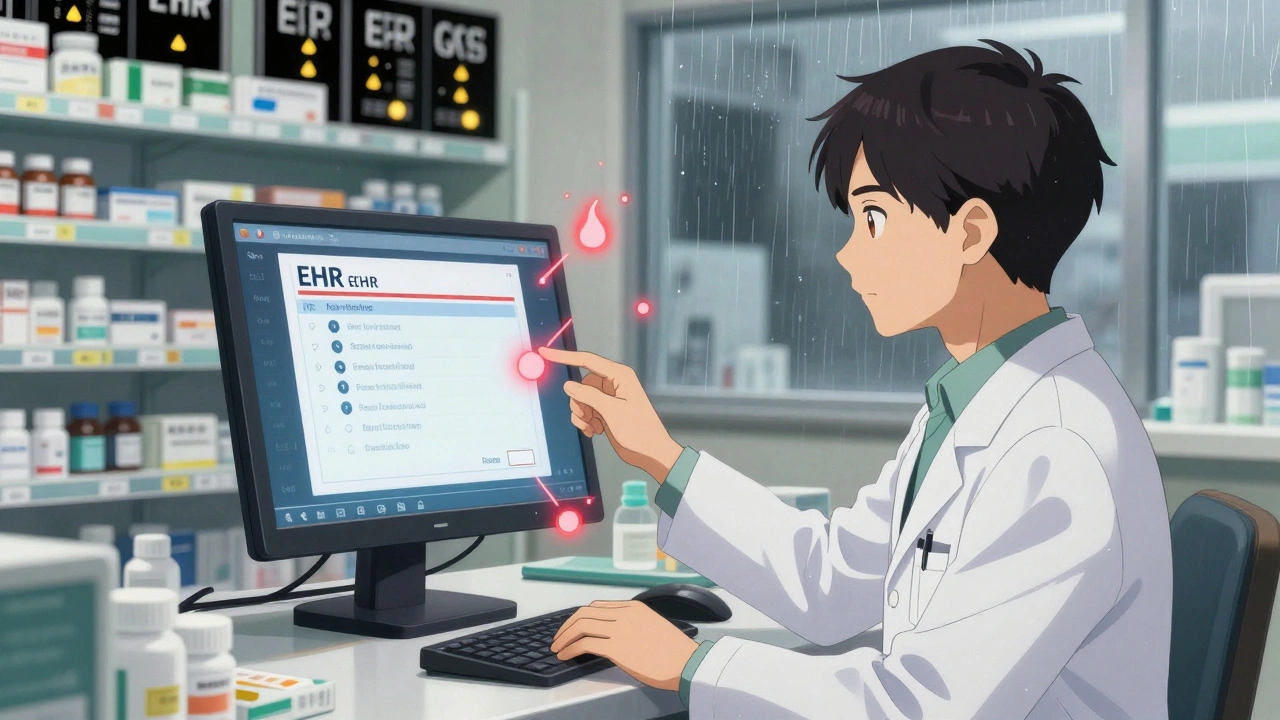 A pharmacist staring at a personalized EHR boxed warning with pulsing red alerts.