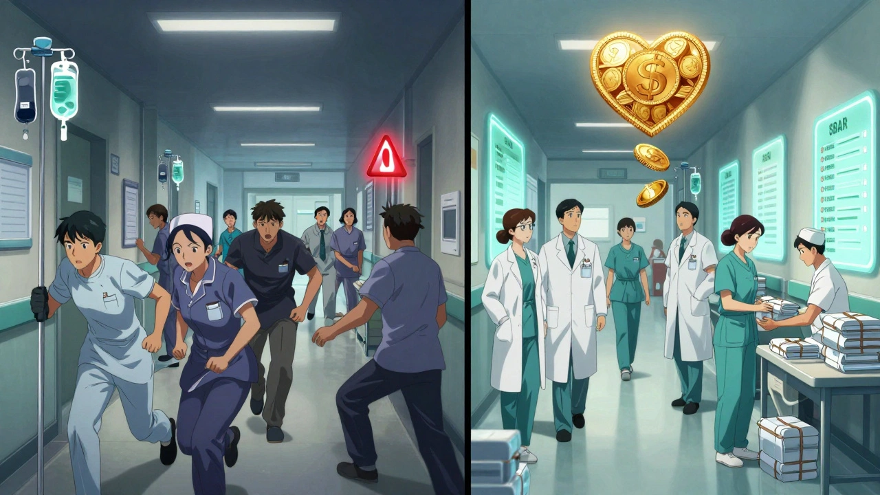 A split scene showing chaotic medication errors transforming into orderly, pharmacist-led safe care with glowing SBAR checklists.