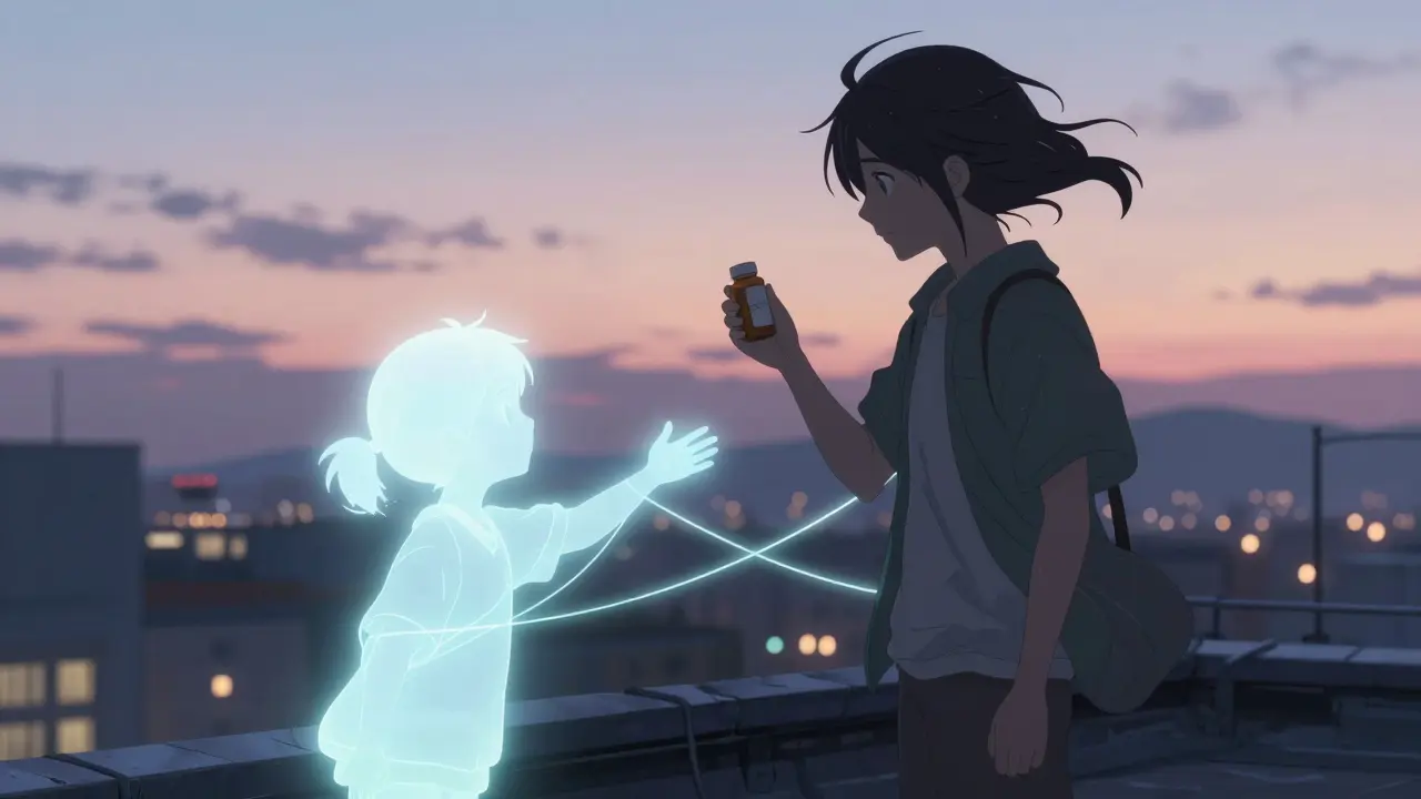 A teen on a rooftop reaches toward a glowing parent figure, symbolizing medication and family support bridging emotional distance.