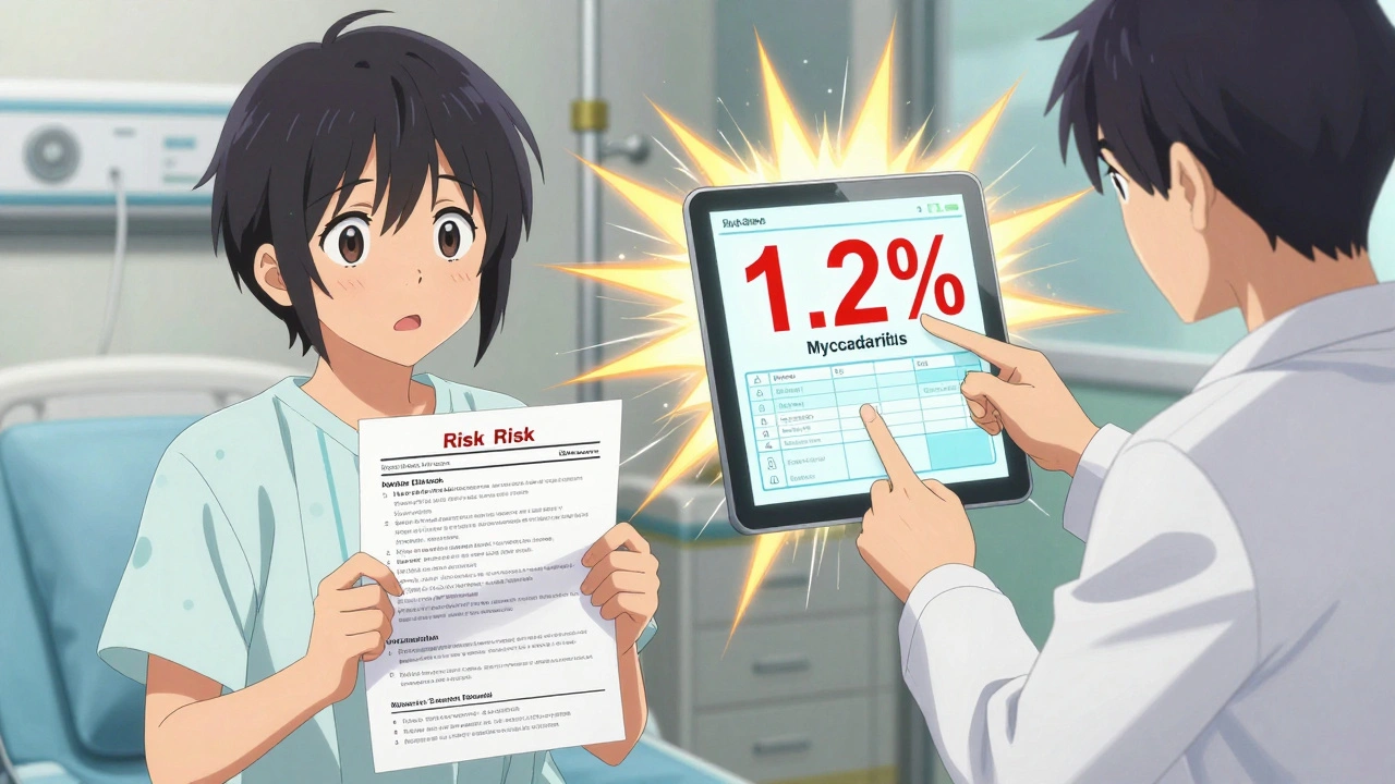 A young patient and doctor examining a quantified risk chart with glowing numerical data.