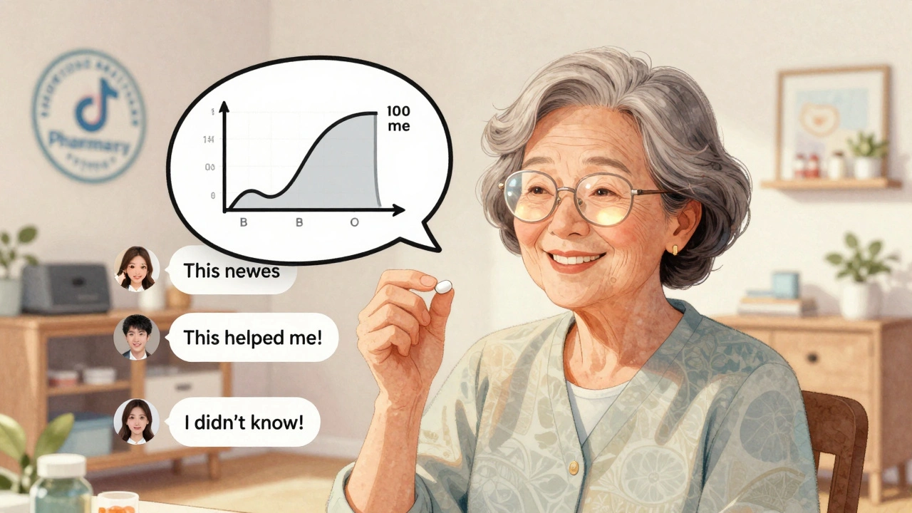 An older woman smiling while holding a generic pill, animated TikTok-style comments floating around her in a cozy home.