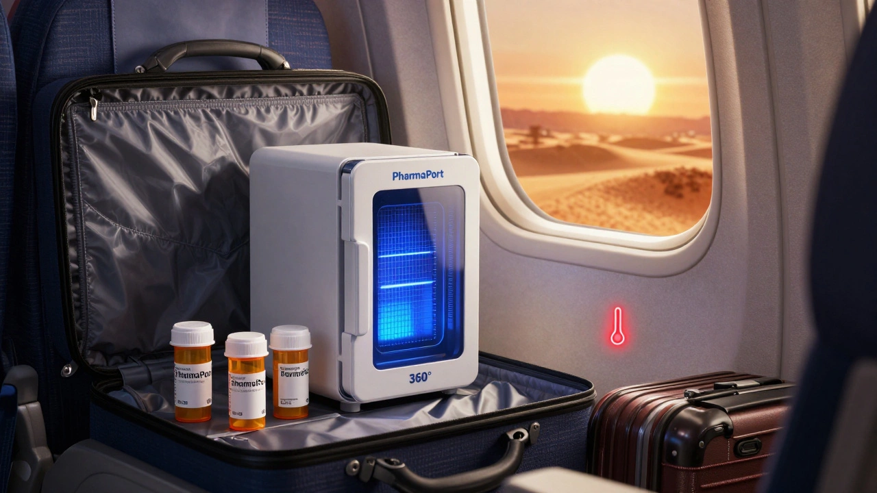 Carry-on bag with labeled meds and portable fridge beside a window showing hot desert outside.